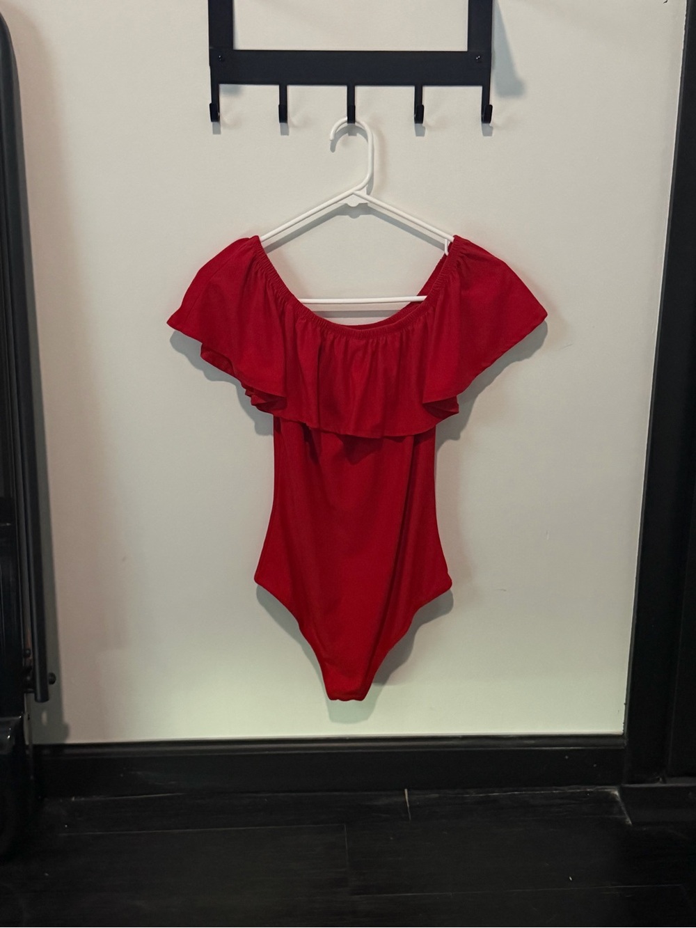 No Boundaries Red Off-Shoulder Ruffle One-Piece
